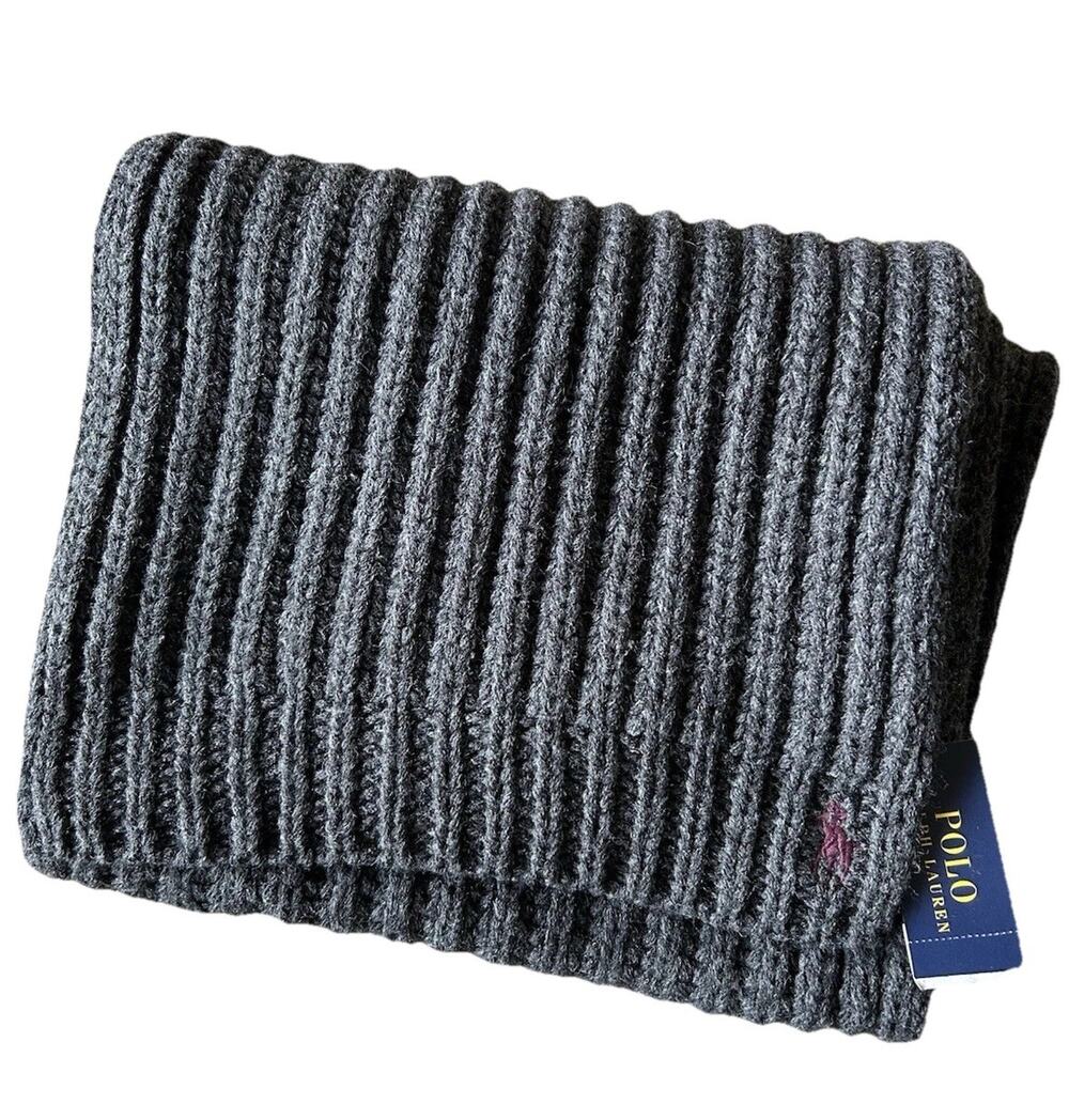 Polo Ralph Lauren Scarf Gray Rib Knit Logo Mens 10x72 Classic Preppy Classic NWT